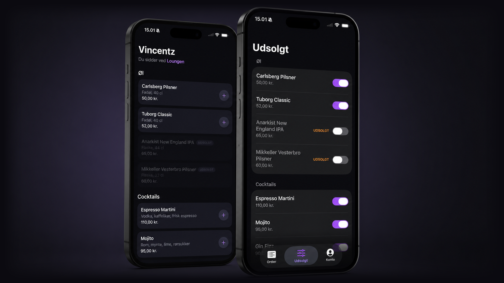 Servds gæste-menu og personale-skærm vist på to iPhones